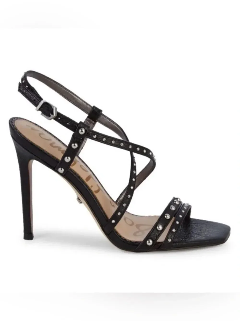 Sam Edelman LENNOX Black Glitter Silver Studded Strappy Open Toe Stiletto Heels